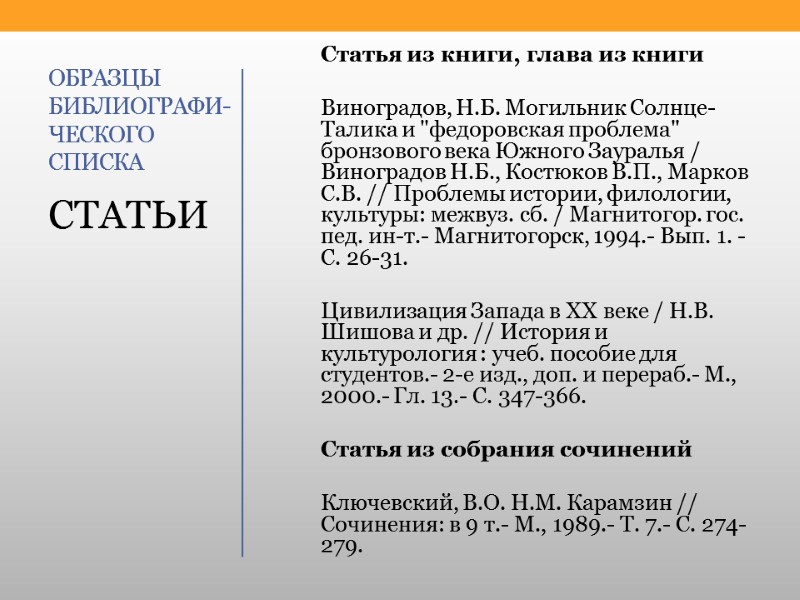 ОБРАЗЦЫ БИБЛИОГРАФИ-ЧЕСКОГО СПИСКА Статья из книги, глава из книги  Виноградов, Н.Б. Могильник Солнце-Талика